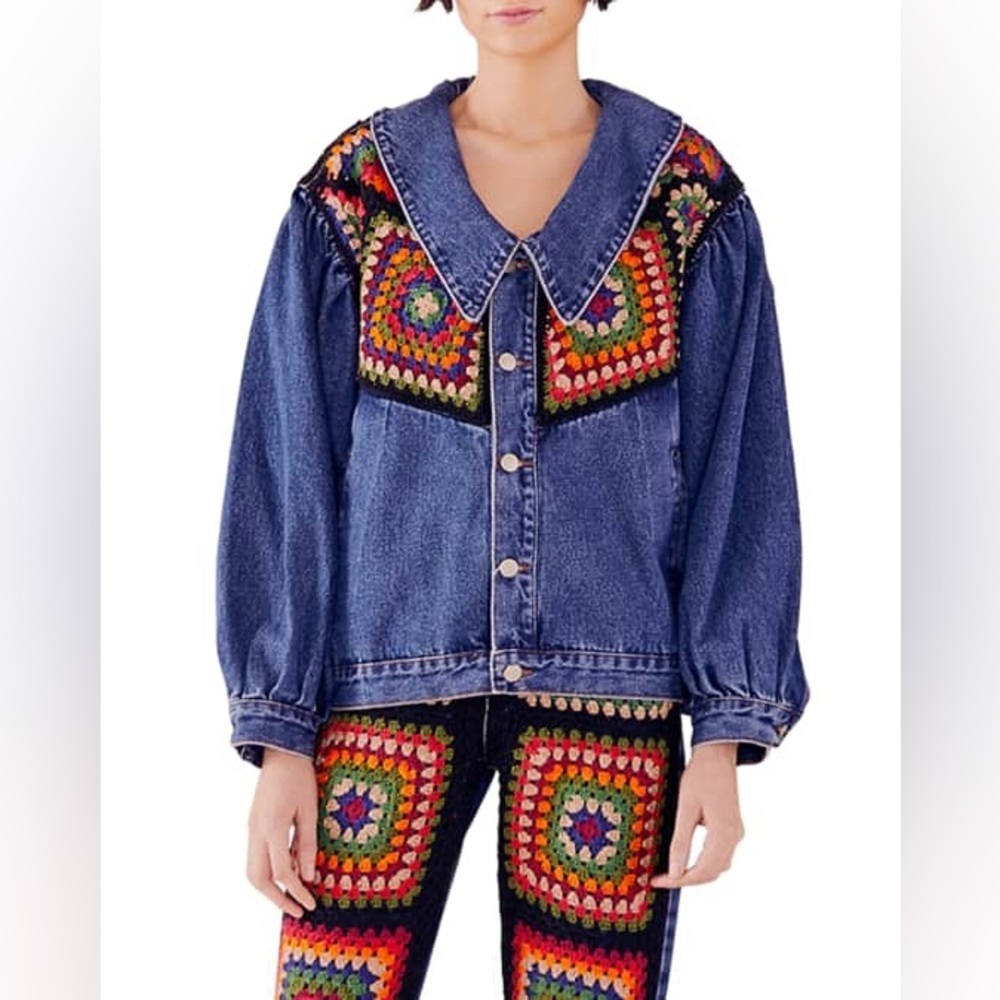 FARM Rio Blue Denim Jacket with Multicolor Crochet Panels